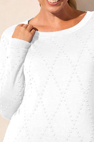 Long Sleeve Crew Neck Sweater With Thumb Holes-White