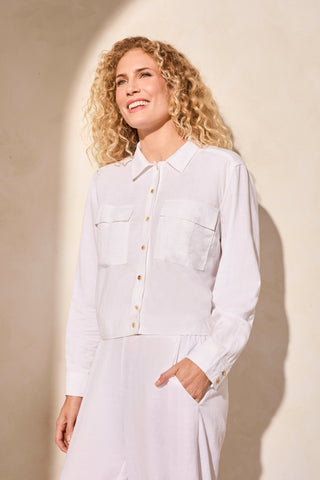 Linen Blend Button-Front Jacket With Chest Pockets-White