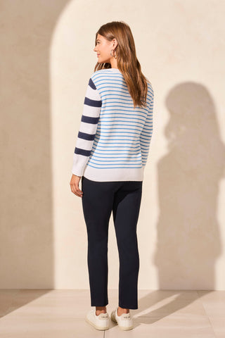 Striped Contrast-Side Crew Neck Sweater-Jet Blue