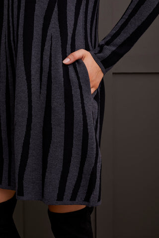 FUNNEL NECK JACQUARD SWEATER DRESS-Charcoal