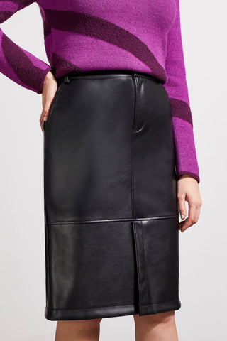 FAUX LEATHER SKIRT WITH FRONT SLIT-Black