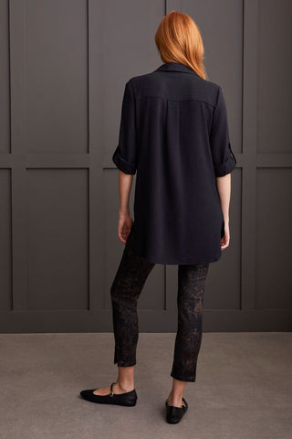 PEBBLED CREPE ROLL-SLEEVE TUNIC SHIRT-Black