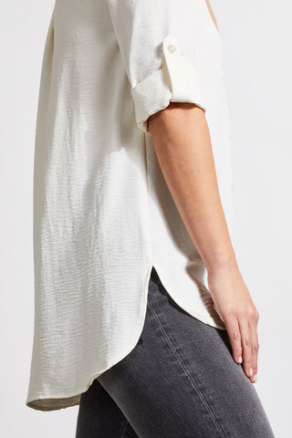 PEBBLED CREPE ROLL-SLEEVE TUNIC SHIRT-Cream