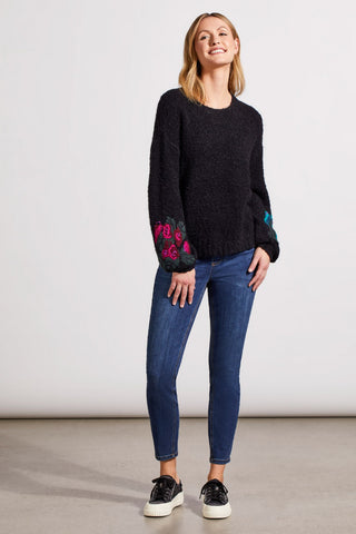 alt view 2 - BOUCL√â DROP SHOULDER SWEATER WITH EMBROIDERED SLEEVES-Black