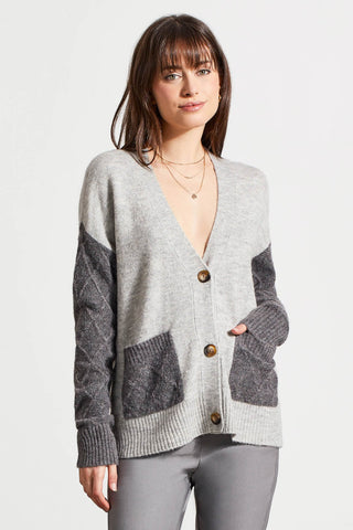 alt view 1 - COLOR BLOCK DROP SHOULDER CARDIGAN WITH POCKETS-Lt.greymix