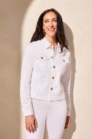 Comfort Stretch Button-Front Denim Jacket-White