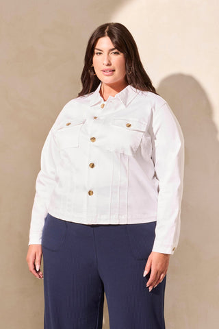 Comfort Stretch Button-Front Denim Jacket-White