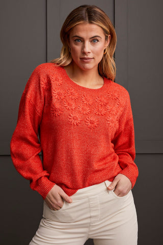 alt view 1 - CREW NECK SWEATER WITH KNIT FLORAL APPLIQUES-Crimson