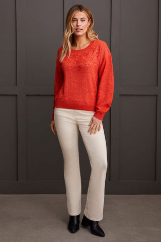 alt view 2 - CREW NECK SWEATER WITH KNIT FLORAL APPLIQUES-Crimson