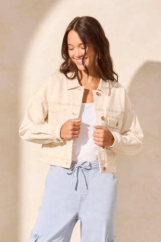 Drop Shoulder Crop Denim Jacket-Ecru