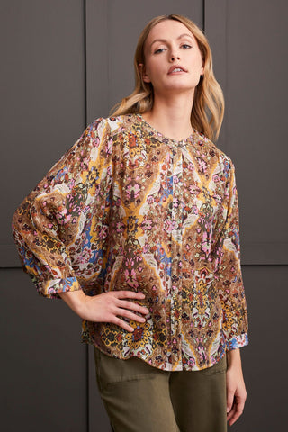 FLOWY DOLMAN SLEEVE BLOUSE WITH SELF-COVERED BUTTONS-Grape