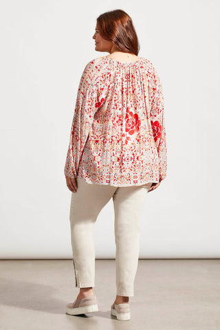 FLOWY PRINTED CREPE BLOUSE WITH TIES-Scarlet