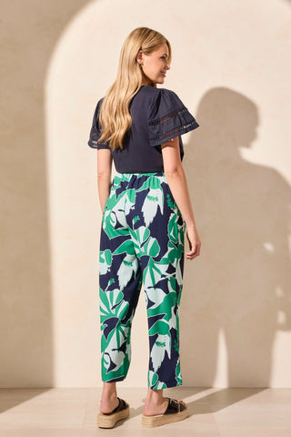 Foliage Print Wide Leg Pull On Ankle Pant-Kelly