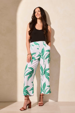 Foliage Print Wide Leg Pull On Ankle Pant-White