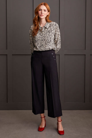 alt view 1 - HIGH WAISTED PULL-ON PALAZZO PANTS WITH BUTTON DETAIL-Black