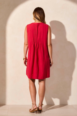 Linen Blend Pleated Sleeveless Dress-Cherry