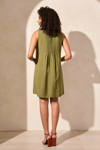 Linen Blend Pleated Sleeveless Dress-Loden