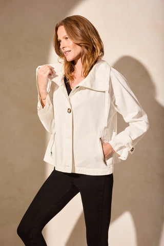 Twill Jacket With Box Pleat Back and Adjustable Collar-White