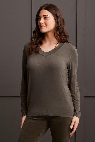 alt view 1 - LONG-SLEEVE V-NECK TOP WITH SIDE SLITS-Spinach