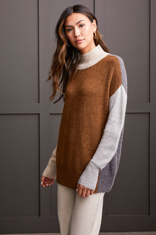 alt view 1 - MOCK NECK COLORBLOCK SWEATER-H.walnut