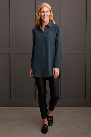 alt view 2 - PEBBLED CREPE ROLL-SLEEVE TUNIC SHIRT-Alpine green