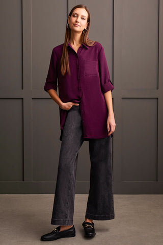 alt view 4 - PEBBLED CREPE ROLL-SLEEVE TUNIC SHIRT-Dark plum