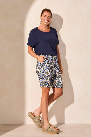 Printed Bengaline Pull-On Short With Back Pockets-Deep Sea