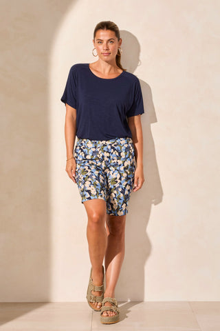 Printed Bengaline Pull-On Short With Back Pockets-Deep Sea