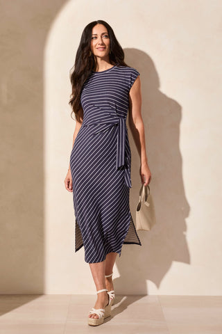 Waist Tie Nautical Striped French Terry Dress-Jet Blue