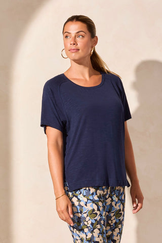 Short Sleeve Back-Shirred Crewneck Top-Jet Blue