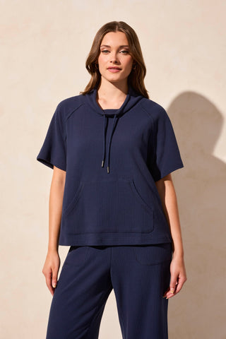 Short Sleeve Funnel-Neck Top With Drawcord-Jet Blue