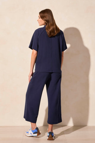 Short Sleeve Funnel-Neck Top With Drawcord-Jet Blue