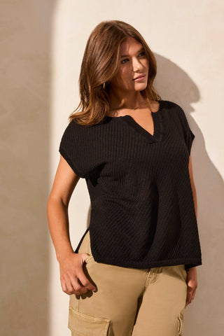 Side-Slit V-Neck Sweater With Extended Shoulders-Black