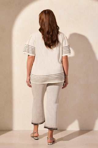 Stripe-Accent Boatneck Top With Contrast Stitching-Cocoblack