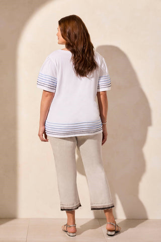 Stripe-Accent Boatneck Top With Contrast Stitching-White