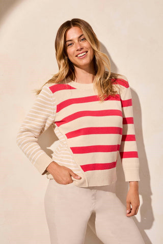 Striped Contrast-Side Crew Neck Sweater-Teaberry