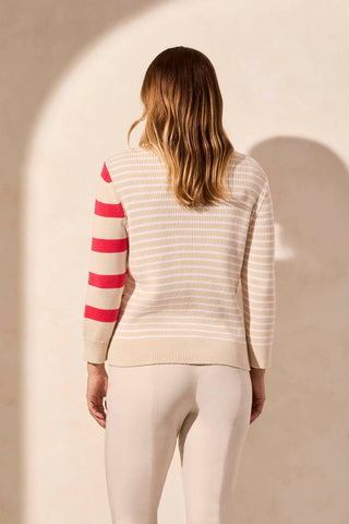 Striped Contrast-Side Crew Neck Sweater-Teaberry