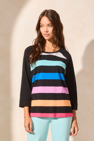 Striped Cotton Slub Raglan Sleeve Crew Neck Top-Beetroot